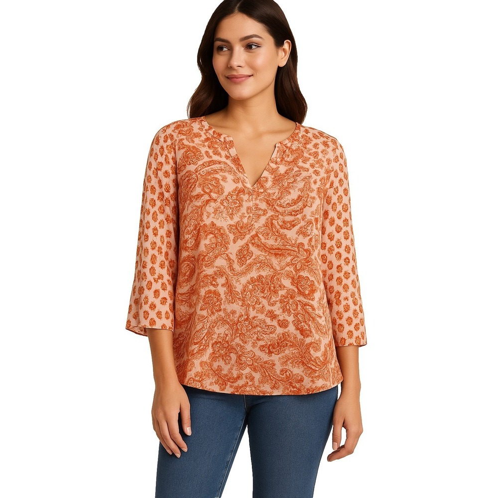 Zac & Rachel Burnt Orange Paisley Blouse Womens‎ L Boho Floral Semi Sheer Top